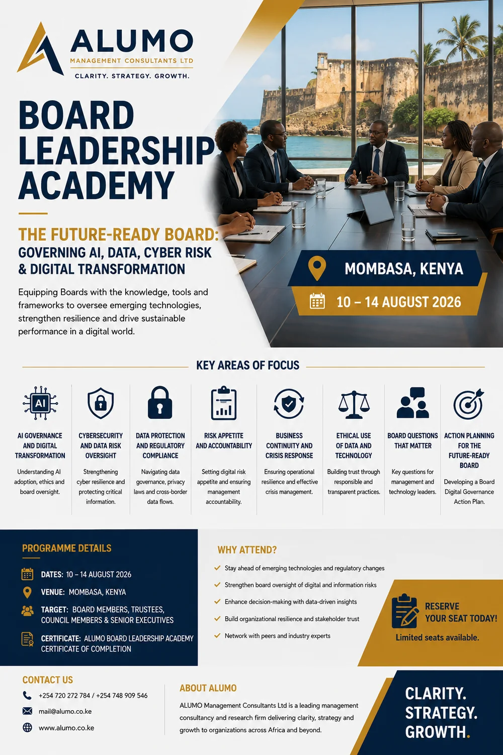 ALUMO Board Leadership Academy programme poster for Mombasa, 10 to 14 August 2026