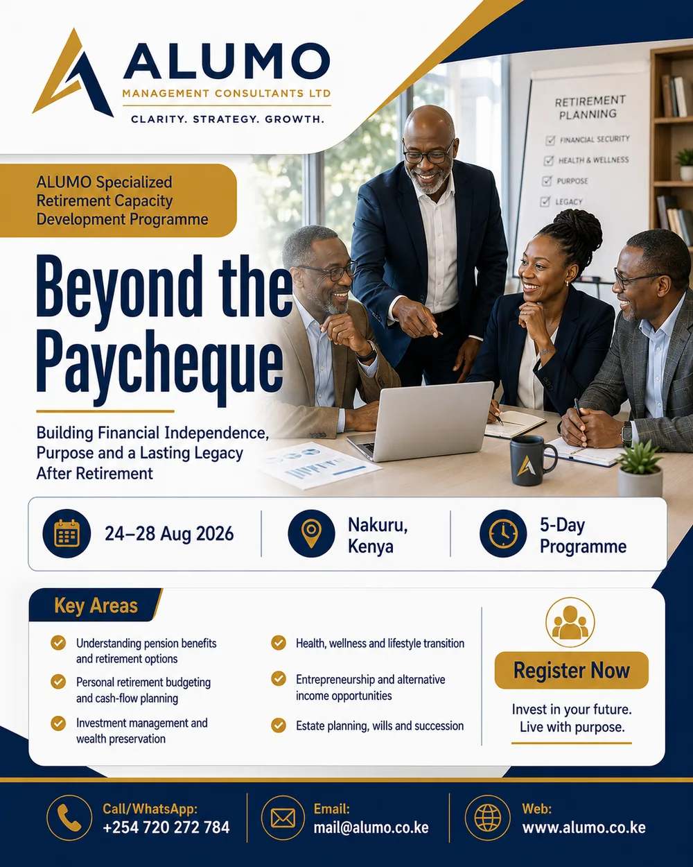 ALUMO Beyond the Paycheque retirement programme poster for Nakuru, 24 to 28 August 2026