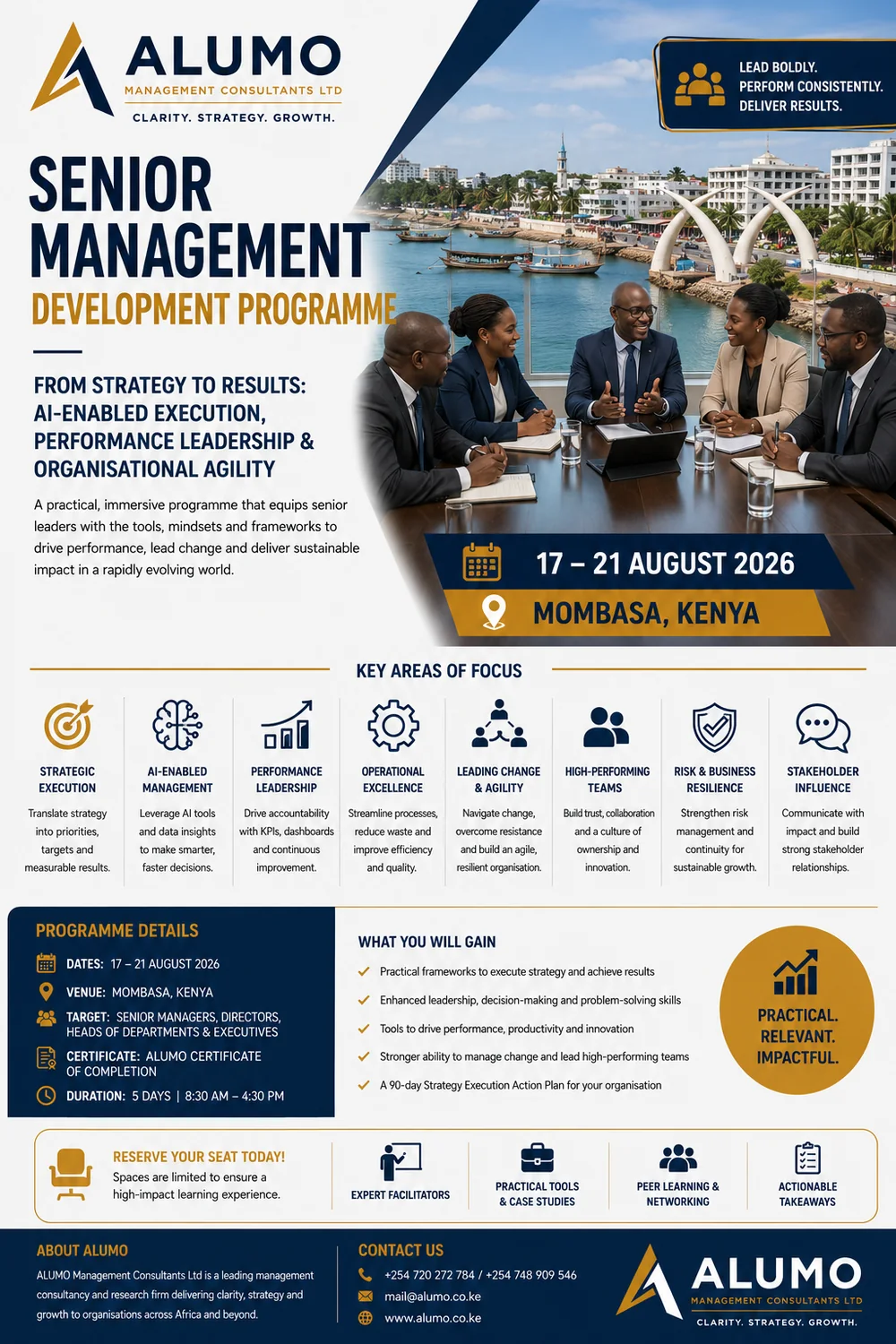 ALUMO Senior Management Development Programme poster for Mombasa, 17 to 21 August 2026