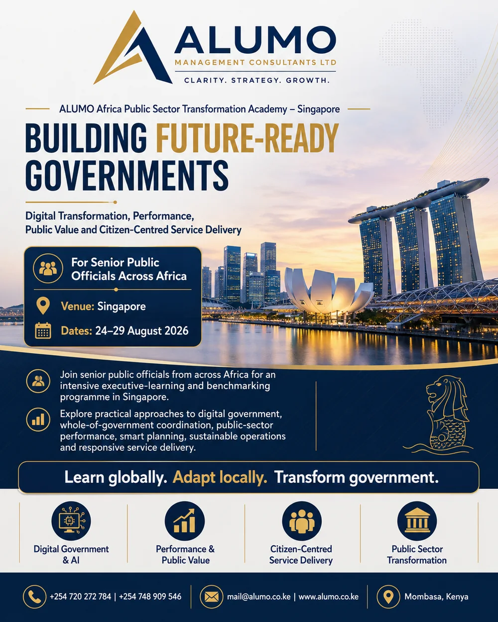 ALUMO Africa Public Sector Transformation Academy poster for Singapore, 24 to 29 August 2026